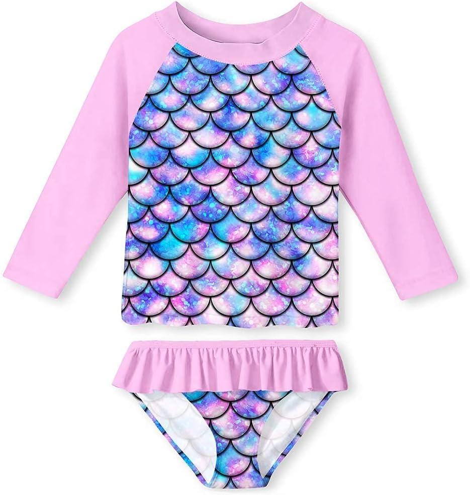 Funnycokid Girls Rash Guard Swimsuit Set Long Sleeve Bathing Suit Two Piece 9-10 Years (Fish Scale Pink)