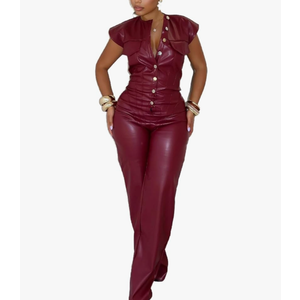 Molilove Womens Leather Jumpsuit Sexy Sleeveless Button Top Bodycon Jumpsuit Faux Leather Cargo Pants Romper Party Clubwear L