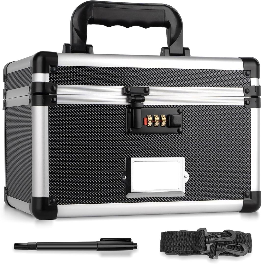 11 x 7 x 8.3 Inch Lockable Storage Box with Combination Lock, Portable Safe for Documents, Medicine, Cash & Valuables, Medicine Lock Box with Label Slot for Home, Office & Travel - Black (12IN)