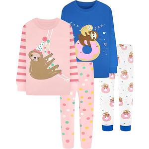 DAUGHTER QUEEN Girls 4 Pieces Cotton Pajamas Size 18 Months-12 Years, 4pcs-pink/Blue-sloth-lga25, 3T, 35 - 38