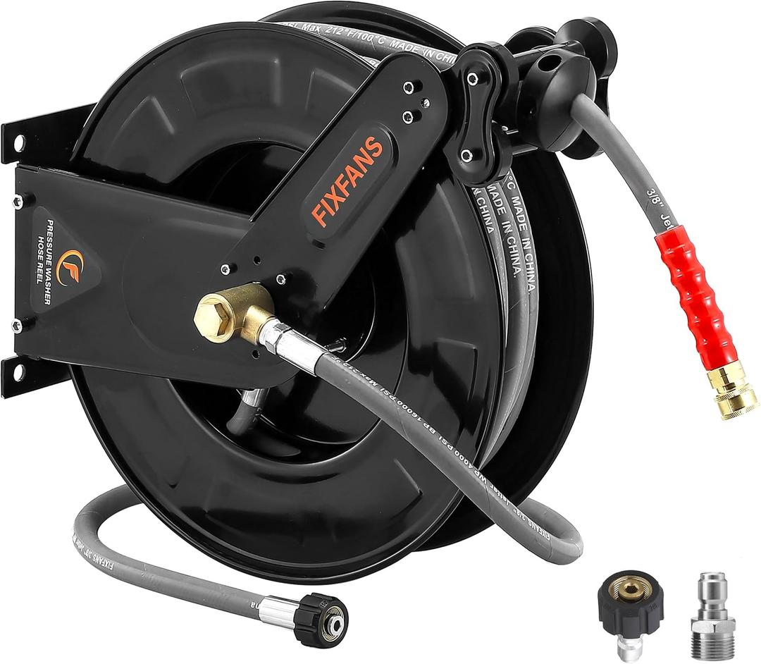 FIXFANS Pressure Washer Hose Reel with Hose for Hot and Cold Water, 3/8" X 50 FT Steel Auto-Retractable High Power Wash Hose Reel, Heavy Duty Hose Reel - Wire Braided Hose 4000 PSI, Black