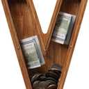 Piggy Bank for Kids Boys Girls, Wooden Large Letter Piggy Bank Alphabet Money Bank with Initial V, Coin Bank Fun Gifts for Birthday, Christmas, Festival, Baby Shower