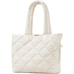 Puffer Tote Bag for Women, Quilted Bag with Zipper, Small Tote HandBags for Work, Travel (Medium-beige)