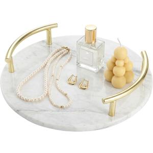 TOPZEA 10 Inch Marble Tray with Gold Handles, Round Vanity Organizer for Perfume, Jewelry, Trinket, Spa Supplies, Bathroom Countertop, Dresser Nightstand Display Tray Decor