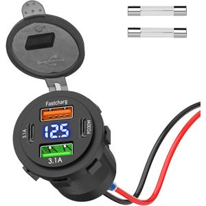Qidoe 66W 12V USB Outlet, 4 Port Dual PD & Dual Quick Charge 3.0 Car Charger with Voltmeter for Car Boat Marine RV