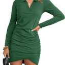 AUXDIO Women Bodycon Long Sleeve Dresses Casual V Neck Ruched Wrap 2026 Spring Fall Party Club Mini Dress (Green, L)