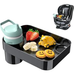 Car Seat Snack Tray for Toddlers - 3 Inch Cup Holder Fits Most Sippy Cups & Straw Bottles with Dip Well, Mess-Free Square Kids Travel Tray Road Trip Essentials, Black