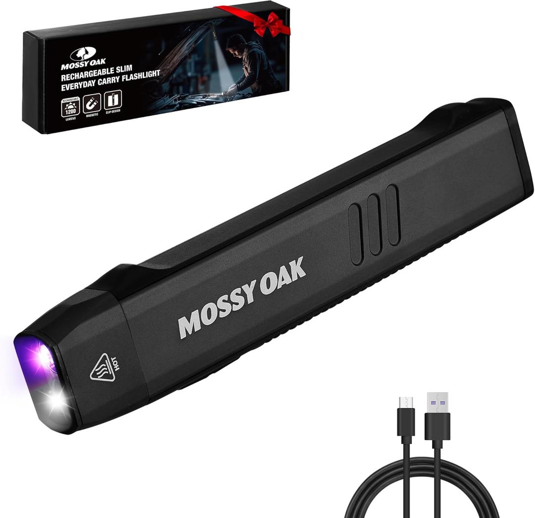 Mossy Oak Rechargeable EDC Flat Flashlight 1200 Lumens, Pocket Work Light with Magnetic Base, UV & White Light Combo, Waterproof LED Inspection Light for Work, Outdoor Use and Emergencies - Black