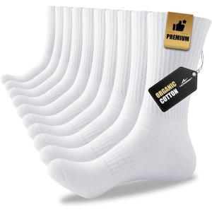 Men's Cotton Crew Work Socks, 5 Pairs Cushioned Boot Moisture Athletic Socks for Hiking Sports Running (10-13, White)