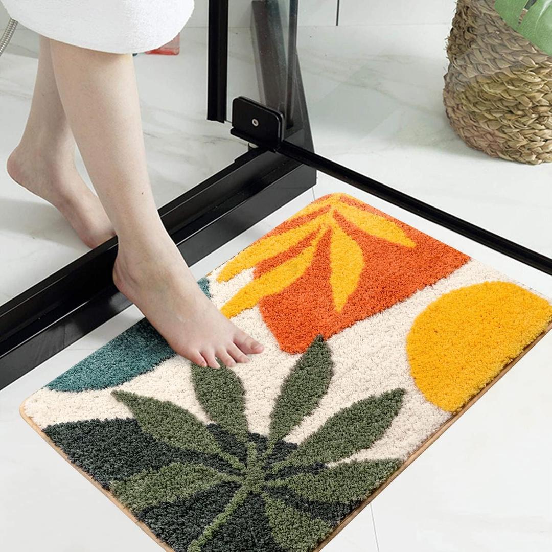 Uphome Bathroom Rugs Colorful Abstract Leaves Bath Mat Non Slip Water Absorbent Boho Bath Rug Soft Microfiber Machine Washable Floor Mats for Tub Bathroom Indoor Doormat,18"x26"