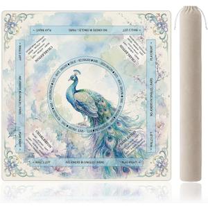 Blue Watercolor Peacock Mahjong Mat for Table with Rules