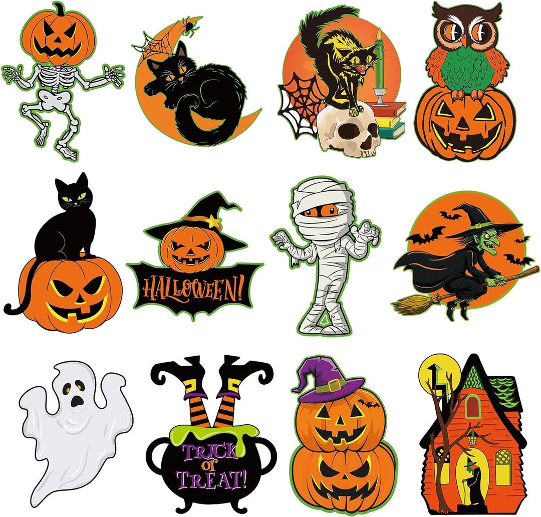 Large Vintage Halloween Decorations Cardboard Cutout Set of 12, Retro Spooky Ghost Cutouts Wall Decor Indoor Outdoor, Vintage Orange Green Black Paper Cut Outs Party Decoration (Large, Halloween)