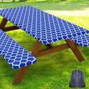Smiry Picnic Table Cover with Bench Covers, Waterproof Elastic Fitted Tablecloth for 6 Foot Tables, Washable Polyester Tablecloths for Camping, Indoor & Outdoor (Blue, 30x72 Inch 3-pc Set)