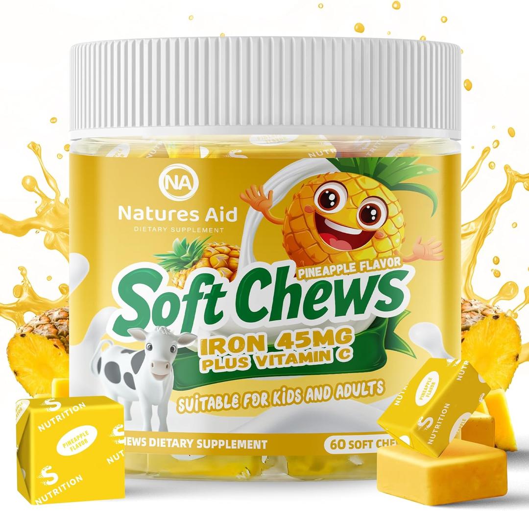 Chewable Iron Supplement for Women & Men and Kids - Pineapple Flavor, Iron Vitamin C Soft Chew for Max Absorption, Iron as Ferrous Fumarate, Ideal for Iron Deficiency, 2 Month Supply
