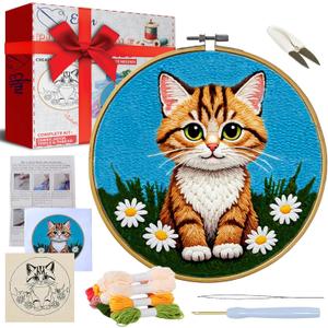 Eflin Punch Needle Kits Adults Beginner - Needlepoint Kits for Adults, Cute Cat & Daisy Pattern, Natural Bamboo Hoop, Yarns, Tools, Craft Kits for Beginners, Rare Gift for Crafts, Decors, Festivals
