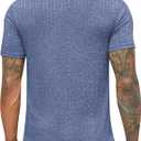 Men's Polyester Blend Slim Fit Short Sleeve Casual Henley Shirt (Blue, XL)