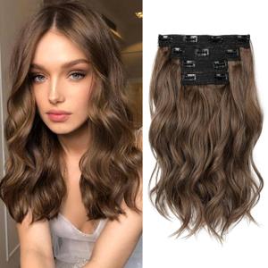 REECHO Clip in Hair Extensions - 14" Short Beach Wavy Wefts, Invisible Lace, Natural Soft Ginger Brown