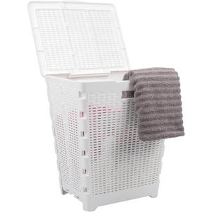 Mind Reader 61L Foldable Laundry Hamper, Clothes Basket, Lid, Wicker Design, Plastic, 18"L x 14.5"W x 21.25"H, White