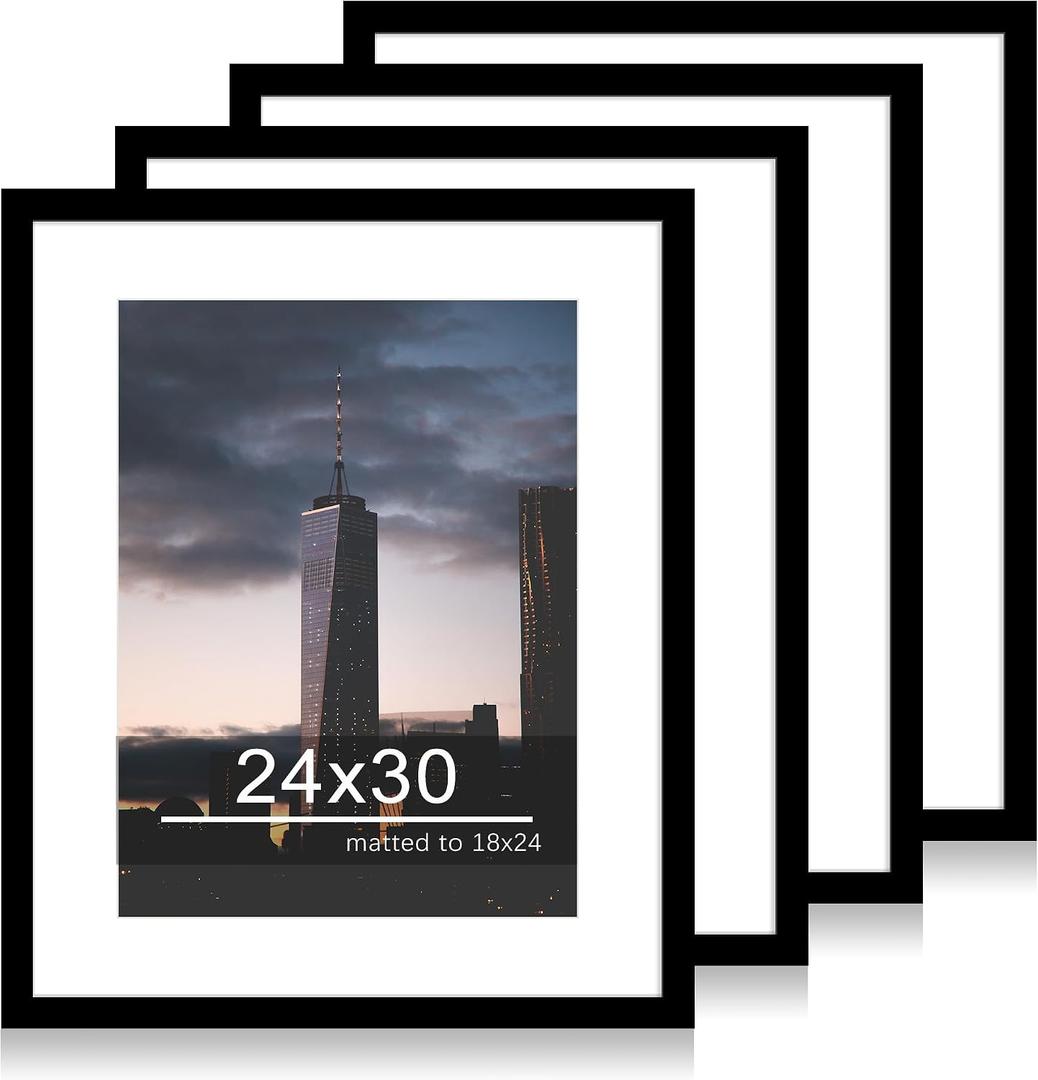 24x30 Picture Frame Set of 4, 24 x 30 Wood Photo Frames with Mat for 18x24, Wooden Frame for Wall and Tabletop Display, Black, 24x30-4Pack