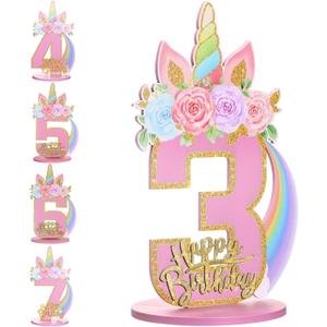 MiniInflat 1/2/3/4/5/6/7/8/9th Unicorn Birthday Party Decorations 11.8 Inch Wooden Table Centerpiece Number Sign for Girls Unicorn Party Supplies for Kids Anniversary Birthday(Number 3)