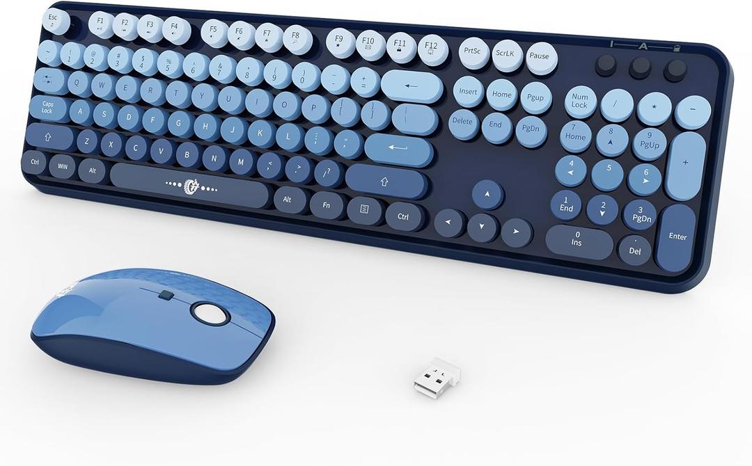 FOPETT Wireless Keyboard and Mouse Combo, 104 Keys Full-Sized 2.4 GHz Round Keycap Colorful Keyboards, USB Receiver Plug and Play, for Windows, Mac, PC, Laptop, Desktop (Gradient Blue)