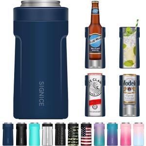 3 In 1 Insulated Universal Can Cooler - Signice Double Walled Vacuum Insulator Stainless Steel Slim Can Cooler for 12 Oz Skinny Tall Standard Regular Can Beer Bottle (Navy Blue)