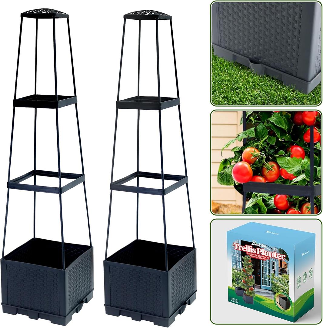 2 Packs Raised Garden Bed Tomato Planter Box with Trellis,44.8" Self-Watering Tomato Cage with Trapezoidal Trellis for Climbing Plants Flowers Vegetables Vine in Patio Garden Indoor Outdoor, 3 Tiers-44.8"