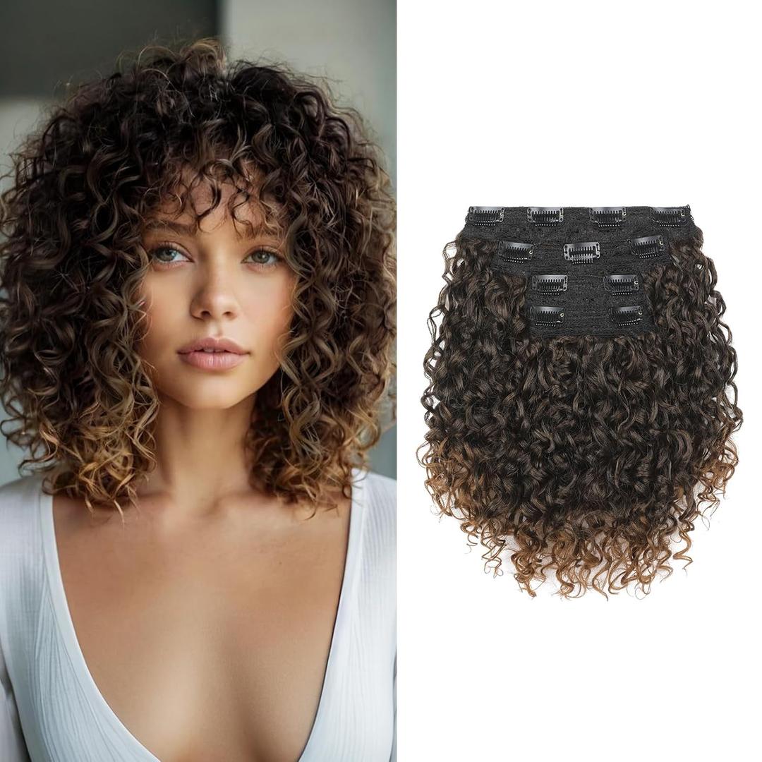 FLUFYMOOZ 4PC Clip in Hair Extensions, 10 Inch 100 Pure Protein Silk Short Hairpiece Deep Curly Wavy Hair Extensions Clip in Natural Soft Hairpiece for Women-Dark Almond brown with copper