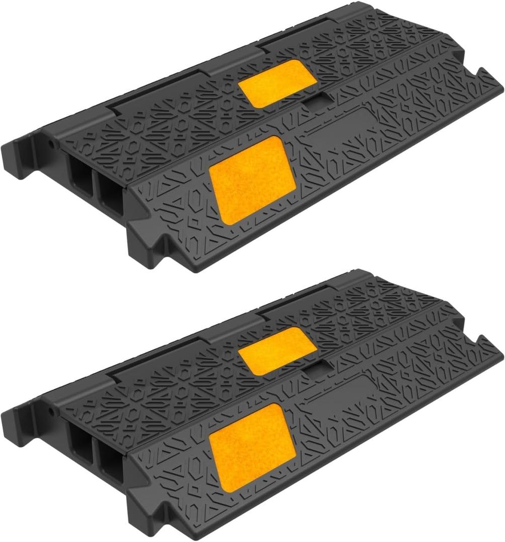 2 Pack 17 Inch Heavy-Duty Cable Ramp Cord Protector 2 Channel 20000lbs Load Capacity Traffic Speed Bump with 3 Yellow Reflective Stripes for Outdoor and Indoor Use