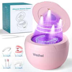 Ultrasonic Retainer Cleaner Machine, 45kHz Dental Cleaning Pod for Denture, Mouth Guard, Night Guard, Aligner, Braces, Toothbrush, 200ML Denture Cleaner with Digital Timer & 4 Modes, Pink