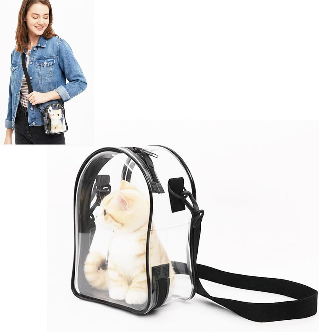 Clear Bag for 14cm/5.5in Generation II Sitting Plush Doll, Hanging Protective Display Case, Portable Travel Crossbody Bag with Strap-Black 1 Pack (Doll not Included)