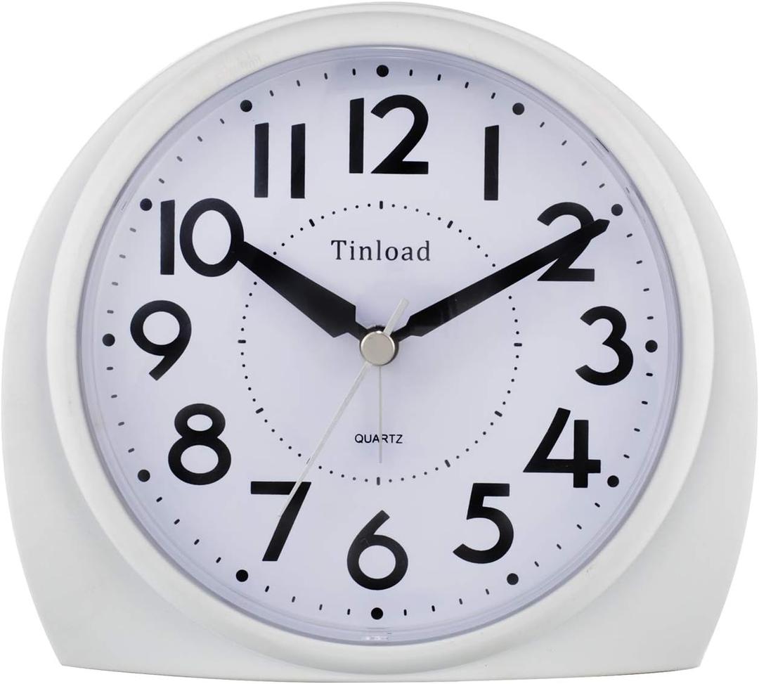Tinload 5.5" Large Analog Alarm Clock Silent Non Ticking, Gentle Wake, Beep Sounds, Increasing Volume, Battery Operated Snooze and Manual Light, Easy Set,White(Best for Elder)