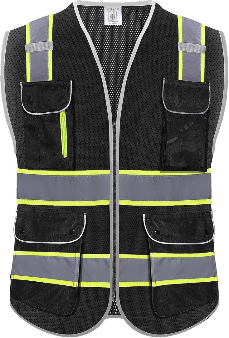 High Visibility Safety Vest - Reflective Breathable Mesh with 9 Pockets, Front Zipper for Men & Women - Meets ANSI/ISEA Standards