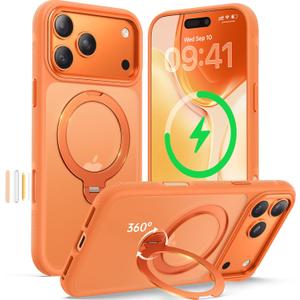 360 Magnetic Stand for iPhone 17 Pro Case, [Fit for MagSafe][Camera Control Button] Mil-Grade Protection Shockproof Slim Translucent Matte Ring Kickstand 17 Pro Case 6.3 Inch, Cosmic Orange