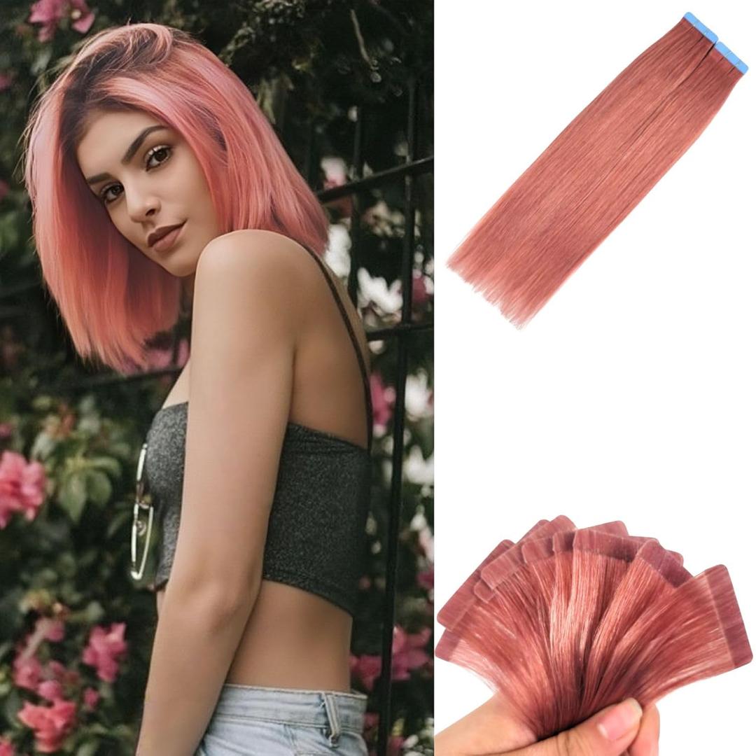 Rose Gold Pink Tape in Hair Extensions Human Hair for Halloween Invisible Tape in Straight Remy Human Hair Extensions (12 Inch-20pcs-30 Gram)