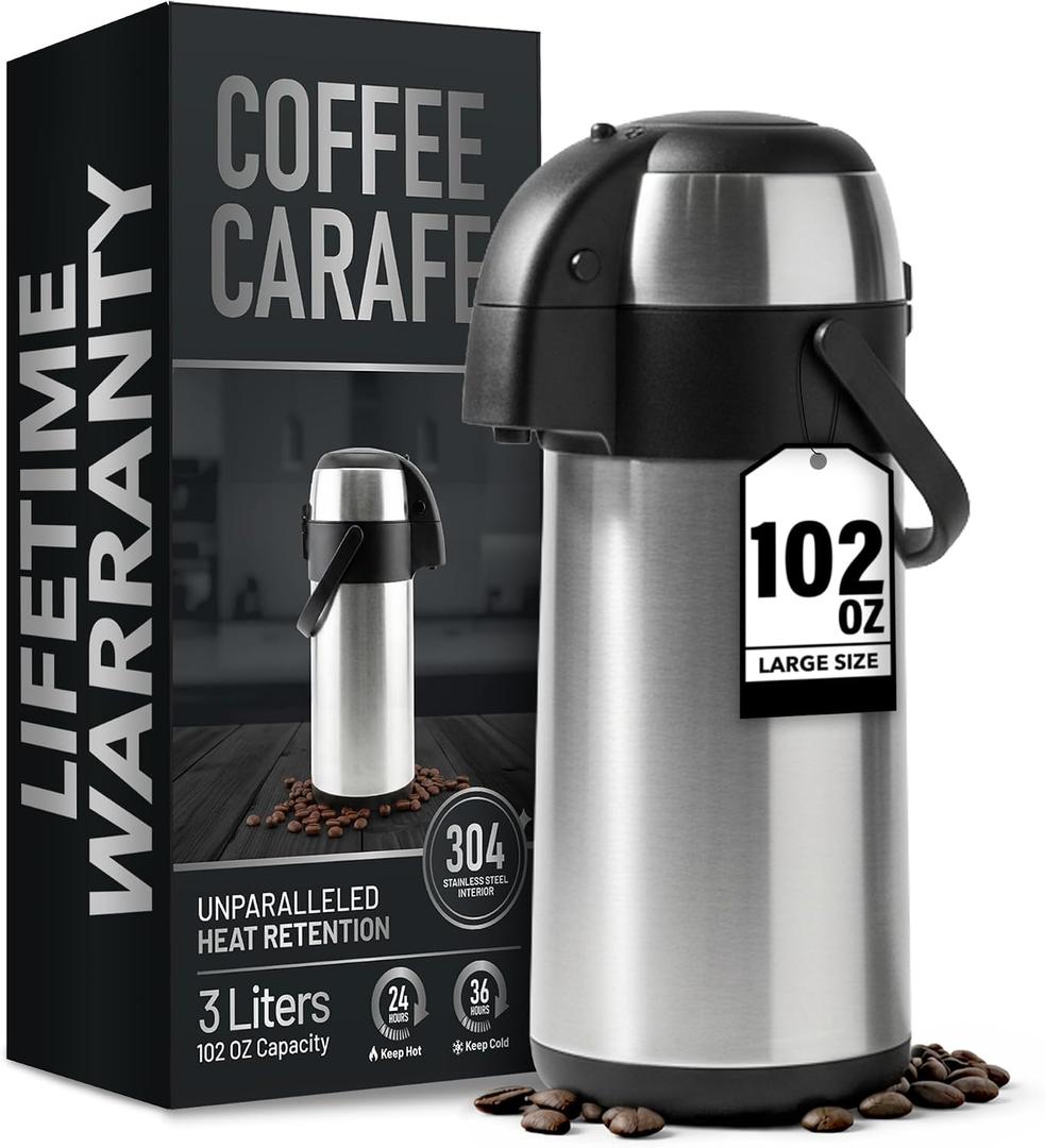 Coffee Carafe Insulated 102 OZ / 3L Stainless Steel Hot Beverage Dispenser, Airpot Coffee Dispenser with Pump, Thermal Coffee Carafe for Hot Liquids, Coffee Carafes for Keeping Hot Drink Dispenser