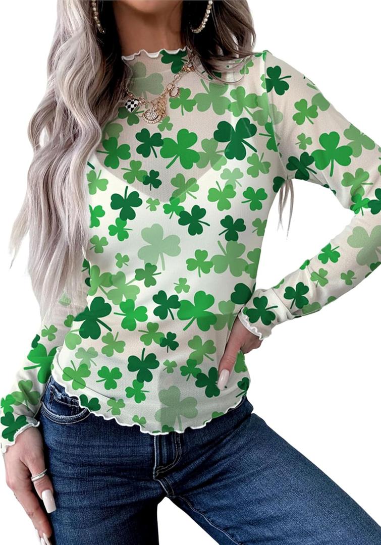 SELINK Long Sleeve Mesh Tops for Women Floral Print Sheer Blouses Mock Neck (L)