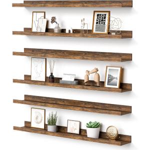 upsimples Floating Shelves for Wall, 35.5 Inch Shelves for Decor Storage Set of 6, Wall Mounted Wood Shelf for Bedroom, Living Room, Bathroom, Kitchen, Long Picture Ledge Shelves, Brown