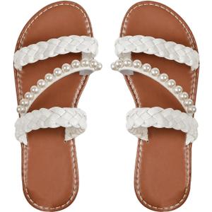 Verdusa Women's Pearls Braided Flat Sandals Open Toe Slip On Beach Slides (White)