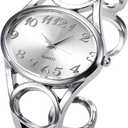 Top Plaza Women Fashion Silver Tone Circle Band Arabic Numeral Scale Bangle Cuff Dress Bracelet Watch  Valentine's Day Gift