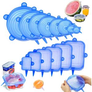 14 piece set circular square silicone dustproof and fresh-keeping cover, kitchen and household stretchable refrigerator microwave sealing and fresh-keeping film (blue)