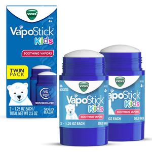 Vicks VapoStick Kids, Solid Balm, No Mess, for Kids Ages 4+ Soothing Non-Medicated Vicks Vapors, Easy-to-Use No-Touch Applicator, Lightweight Feel, 1.25oz x 2
