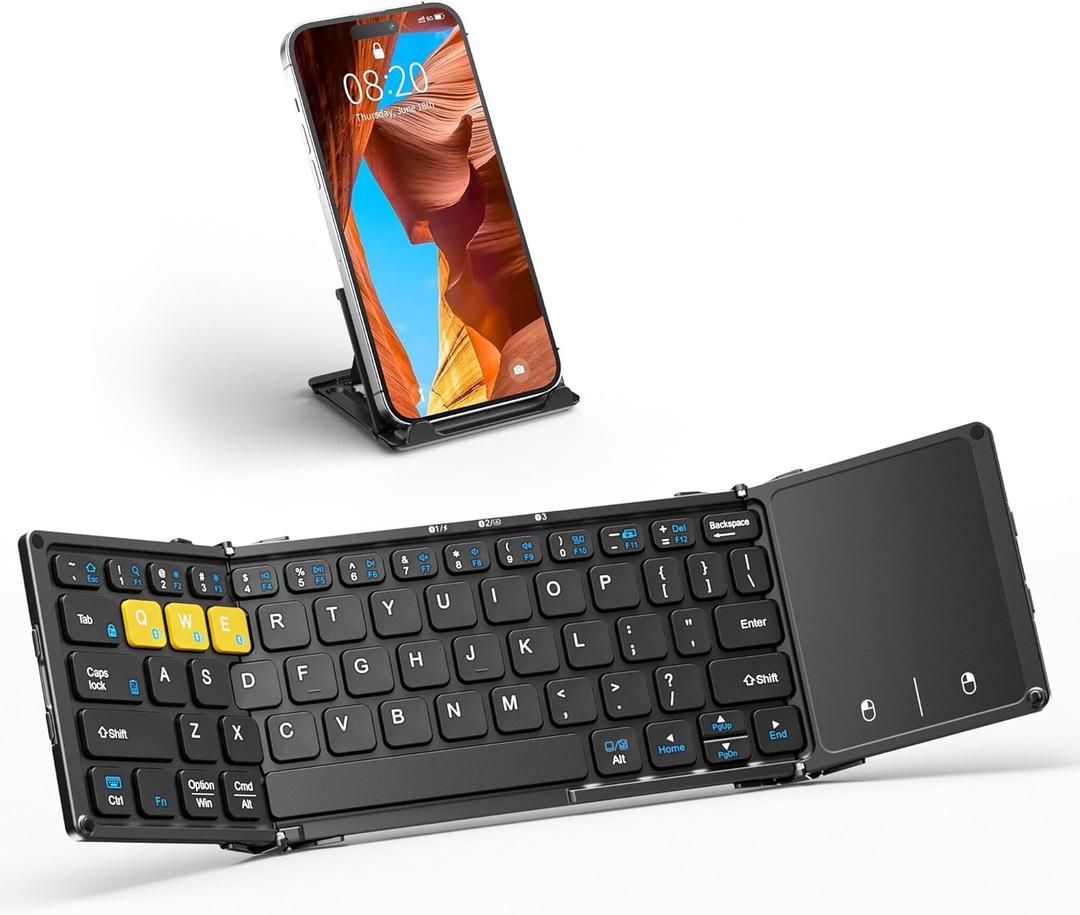 Foldable Bluetooth Keyboard, Wireless Portable Keyboard with Larger Touchpad, Pocket-Sized Folding Travel Keyboard for MacOS Android Windows iOS, Sync Up to 3 Devices (BT5.1 x 3) (Black)