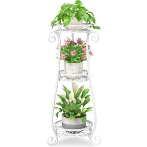 iDavosic.ly 3 Tier Metal Plant Stand Indoor Outdoor, Wrought Iron Corner Tall Flower Pot Holder Shelf, 34 Inch Vertical Heavy Duty Display Rack for Patio Porch Living Room Garden, White