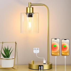 Gold Industrial Table Lamp with USB A+C Ports & Outlet, Fully Stepless Dimmable Modern Nightstand Lamp, Glass Shade Bedside Desk Lamp for Bedroom Living Room Office, 8W 2700K LED Edison Bulb Included