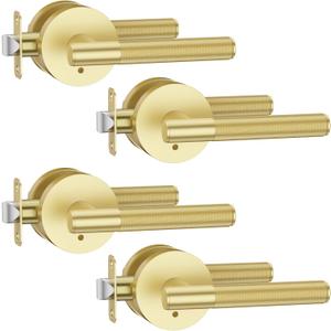 Asidrama 4 Pack Privacy Gold Door Handles, Door Lever with Door Knobs Indoor for Bedroom or Bathroom, Heavy Duty Brushed Gold Door Handles Interior with Locks for Left Right Sided Doors