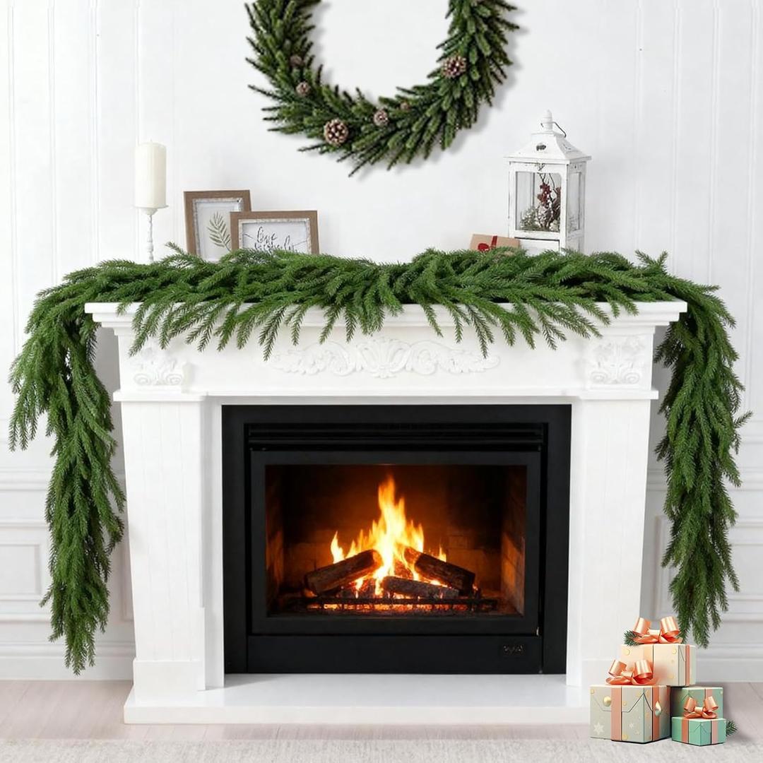 9FT Norfolk Pine Garlands Realistic, Real Touch Winter Christmas Garland, Christmas Decorations Indoor Outdoor, Artificial Holiday Decor Faux Garland for Mantle, Fireplace, Table