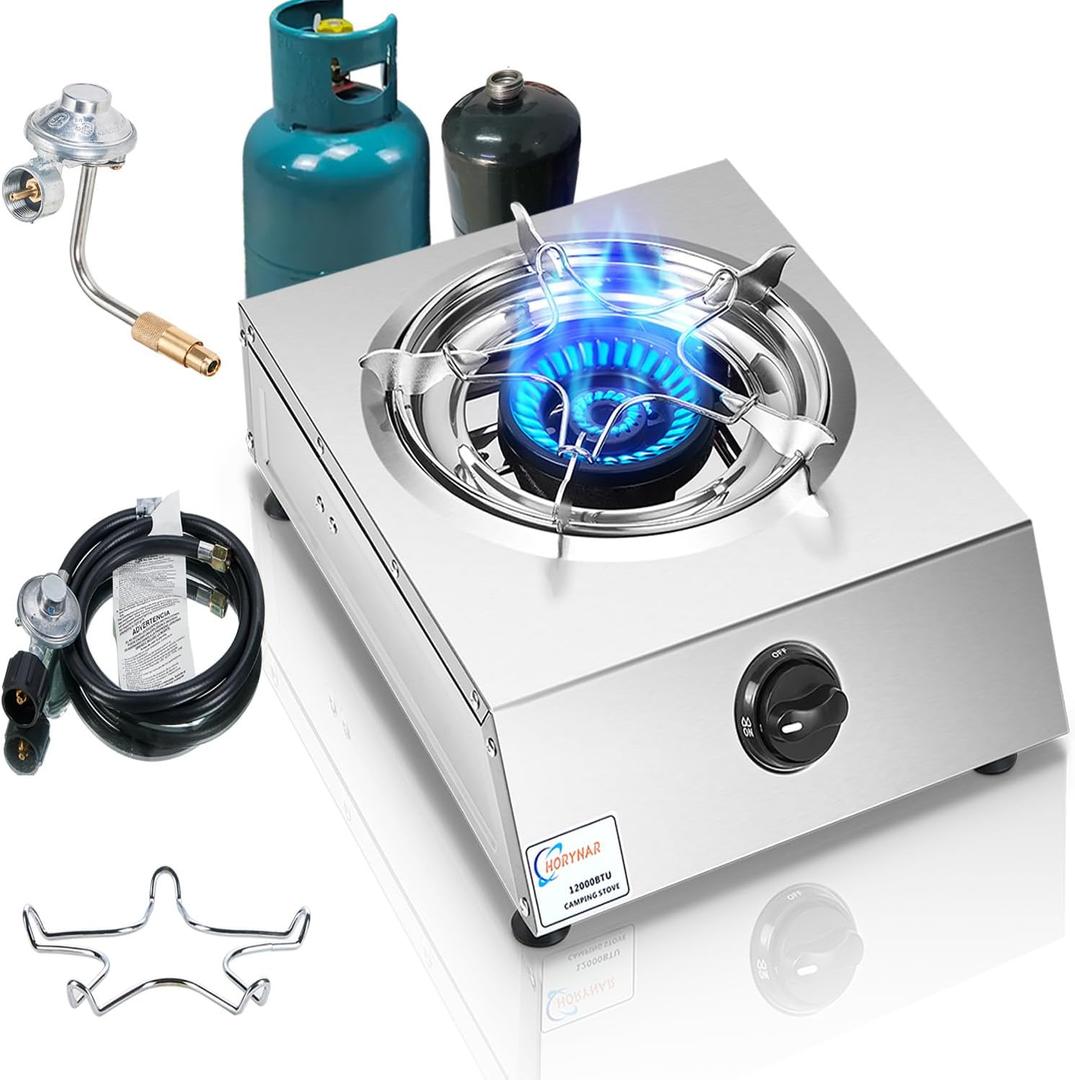 Propane Stove Single Burner Propane Stove 1 Burner 12000 BTU Dual Fuel Auto Ignition with CSA Converter / QCC1 LPG Hose for Emergency Outdoor Cooking