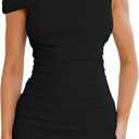Women Sexy Off Shoulder Mini Dresses Bodycon Ruched Ruffle Hem Club Party Short Dress (Medium, Black)