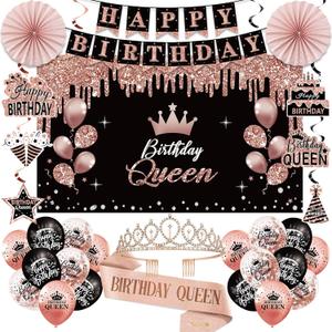 Birthday Decorations for Women, Birthday Queen Crown and Sash, Black Rose Gold Happy Birthday Banner Balloons Backdrop Hanging Swirls Paper Fans Birthday Party Decorations Kit Gifts for Her